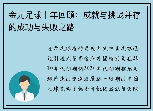 金元足球十年回顾：成就与挑战并存的成功与失败之路