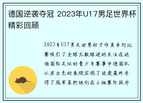 德国逆袭夺冠 2023年U17男足世界杯精彩回顾